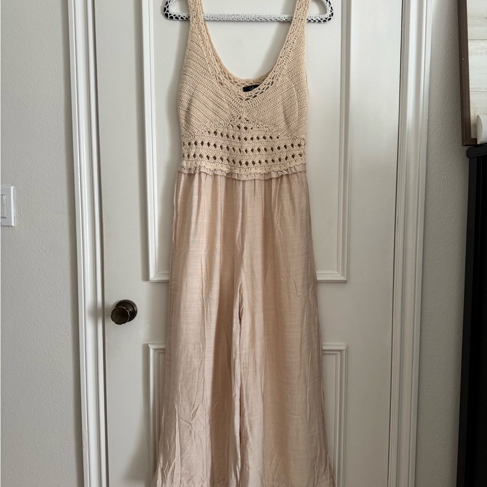 Sleeveless Crochet Bodice Wide-Leg Jumpsuit in Light Beige